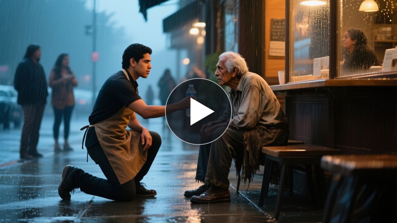 Joven empleado de cafetería ofreciendo una botella de agua a un anciano sentado en el andén bajo la lluvia